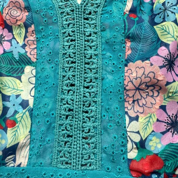 Matilda Jane Kookaburra Top, Women Size L, Peasant Boho, Floral & Lace Teal Pink - Picture 5 of 8